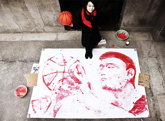 Red Hong Yi - Yao Ming portrait painted with a basketball