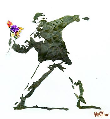 Red Hong Yi - Throw flowers not grenades”, Banksy-inspired piece made of leaves and flowers