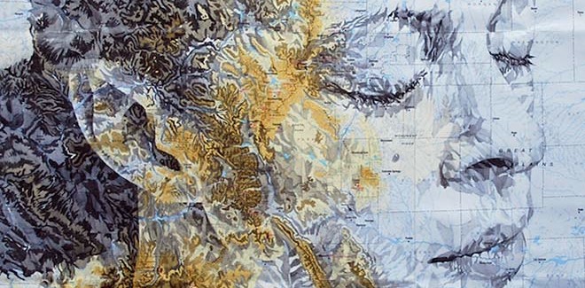 Ed Fairburn - Map Portraits - Pencil on a geological map of Colorado – the first of a series of works to be shown exclusively at the Mike Wright Gallery in Denver, Colorado.