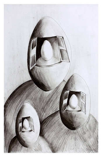 Ronni Ahmmed - Do not open your window to the eggs.  2006. Charcoal, 100cm x 60cm.