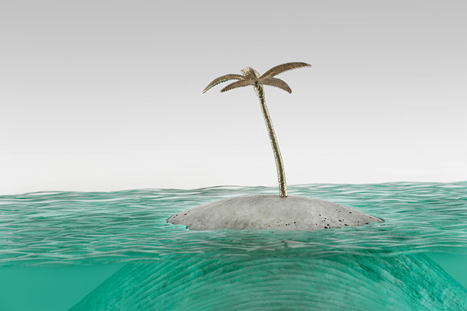 Glass sculptures, Deserted, Laminated clear float glass with cast concrete base and cast white bronze palm tree