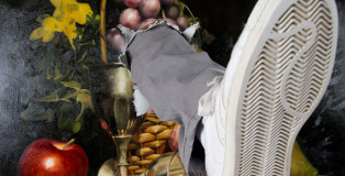 Mark Jenkins - Moment of Impact, Kick Painting / Still Life With Fruit - 2014, Mixed media on canvas