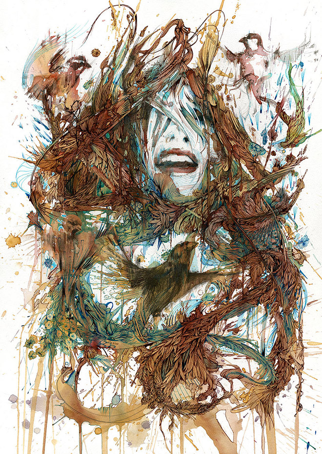 Carne Griffiths - The Gathering, Ink and tea on bockingford watercolour paper