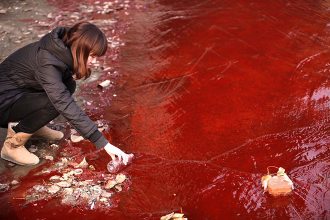 A journalist takes a sample of the Jianhe River, which has become red from chemical plants illegally dumping untreated waste water directly into a local stream A journalist takes a sample of the Jianhe River, which has become red from chemical plants illegally dumping untreated waste water directly into a local stream.