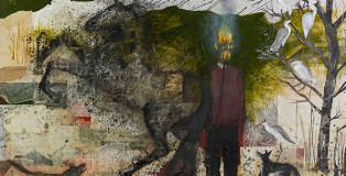 Autoritratto con faccia che brucia (dittico), 2012 - 2015 - Acrilico, lievito madre, pastello, fuoco e carta su tela - 382 x 141 cm