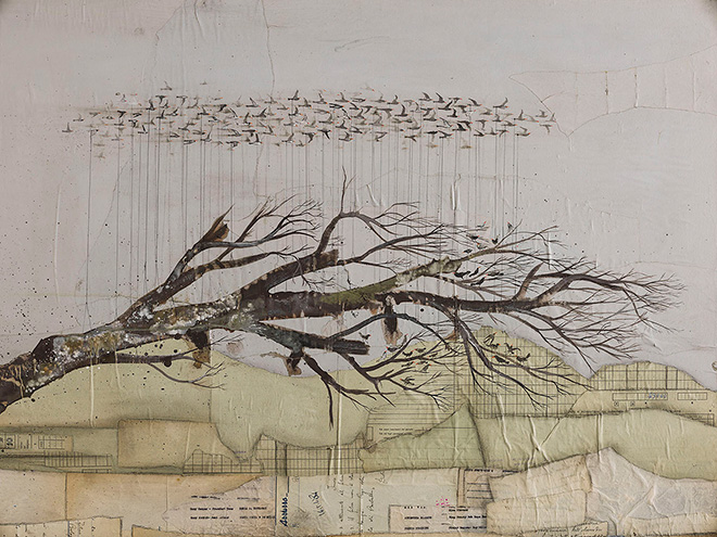Denis Riva - Trasloco (particolare), 2015 - Acrilico, lievito madre e carta su tela - 120 x 100 cm