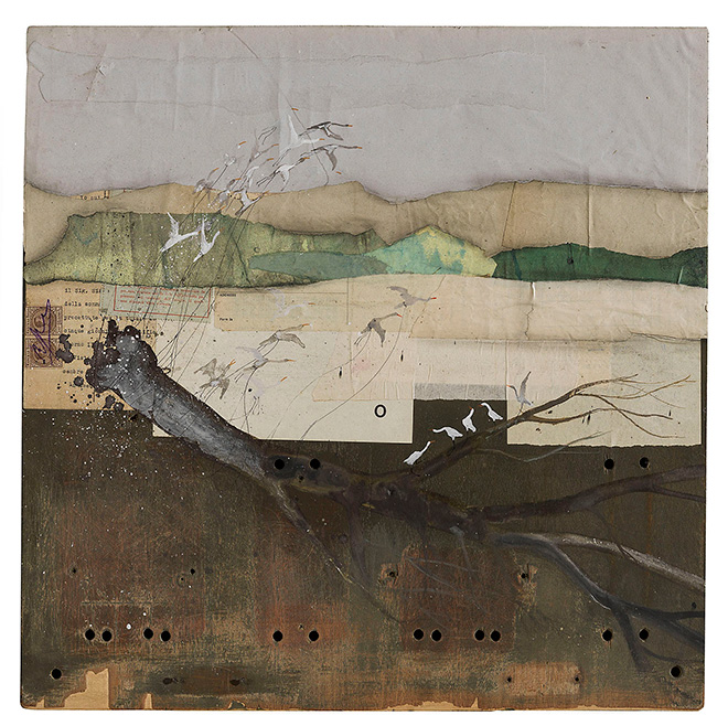 Denis Riva - Prove di Trasloco, 2015 - Acrilico, lievito madre e carta su legno bucato - 51 x 51 cm