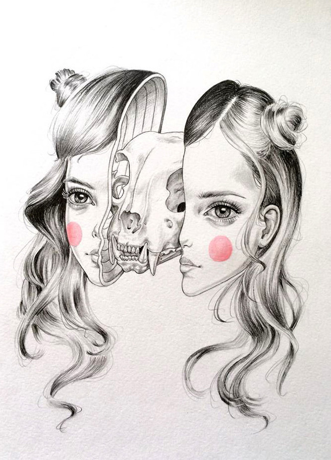 Julie Filipenko - Cat Girls Don't Cry, graphite and acrylic on aquarelle paper