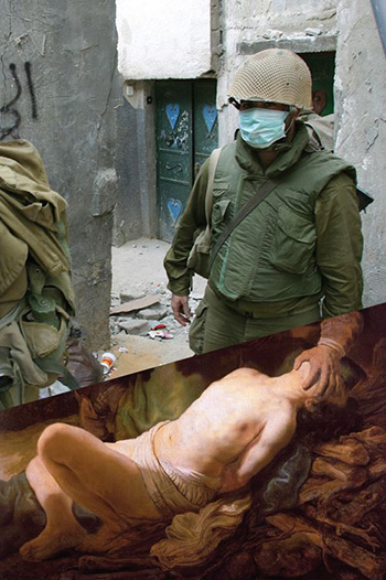 Abraham’s Sacrifice - (c. 1635)  - Rembrandt Harmenszoon van Rijn  - photo: Israeli soldiers overwhelmed by the smell of dead bodies in Jenin refugee camp, West Bank. 16 Apr. 2002  by Alexandra Boulat