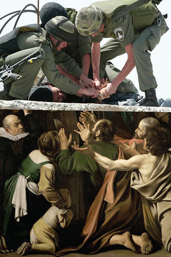 Madonna of the Rosary (c. 1607)  - Michelangelo Merisi Caravaggio - photo: Israeli soldiers arresting a Palestinian on a roof during a protest against home demolition in Kharbatha bani Hareth, North of Bil’in.  by Jamal Arouri