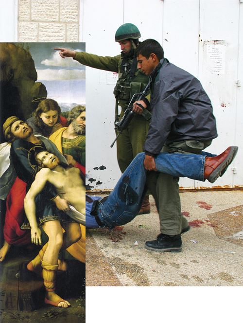 The Deposition (c. 1507) Raphaello Sanzio da Urbino  - “In that day there will be great mourning in Jerusalem.“ Zechariah 12:11 photo: Israeli soldiers kill a Palestinian and detain others, downtown Ramallah. 31 Mar. 2002  by Alexandra Boulat.