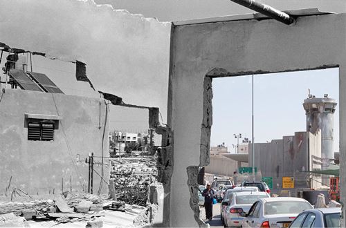 A partly demolished Palestinian house in Khan Younis, Gaza Strip 1989. Hashem Abu-Sido - UNRWA photo archive Qalandiya checkpoint 2013. by Ahed Izhiman