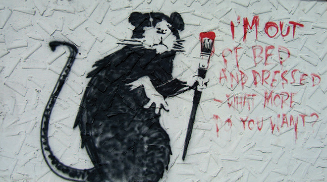 Banksy - Out of Bed Rat, 2002 - Spray paint & stencil on stucco in wood frame and pedestal - 96 x 180 x 17 inches - Original unique street work from Los Angeles featured in Banksy's Documentary 'Exit Through the Gift Shop'.