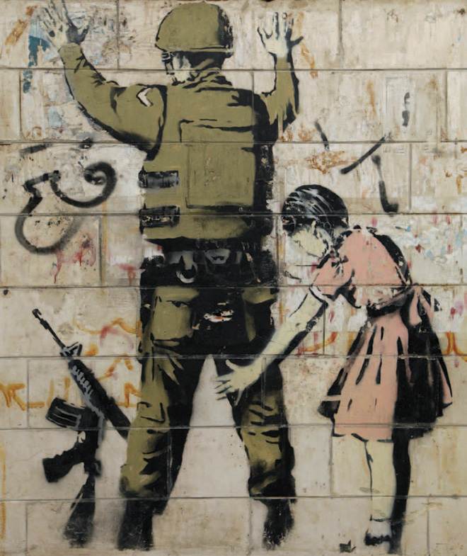 Banksy - Stop & Search, West Bank, 2007 - Spray paint & stencil on reconstituted stone in steel frame and pedestal, 83 x 63 x 12 inches - Original unique street work from Bethlehem