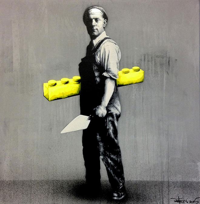 Martin Whatson - Builder, Mixed media on canvas - 23.5 x 23.5 Inches - 60 x 60 cm
