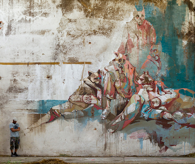 SEPE - And We Left All Our Cares Behind, Mural on abandoned spot in Wołczyn Poland, 2015