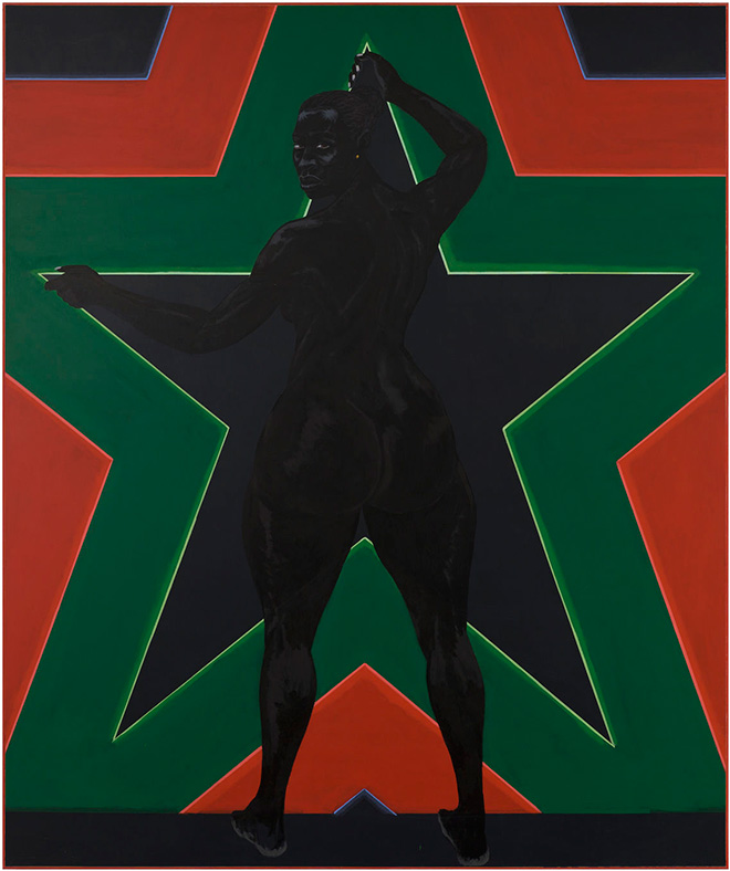 Kerry James Marshall - Black Star 2, 2012. Acrylic on PVC; 72 7/8 x 61 in. (185 x 155 cm). Collection of Liz and Eric Lefkofsky Photo: Nathan Keay © MCA Chicago