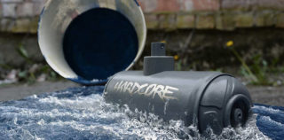 Biancoshock - Montana Submarine, 2017. 112 x 65 cm - bucket, wood, sylicone, acrylic, Montana Hardcore can, caps. Biancoshock – War of colors