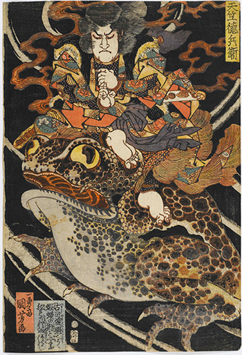 Utagawa Kuniyoshi - Tenjiku Tokubei (Tenjiku Tokubei), Serie senza titolo di stampe di guerrieri pubblicate da Kawaguchi, circa 1826-27, silografia policroma(nishikie), 39x26,5 cm. Masao Takashima Collection