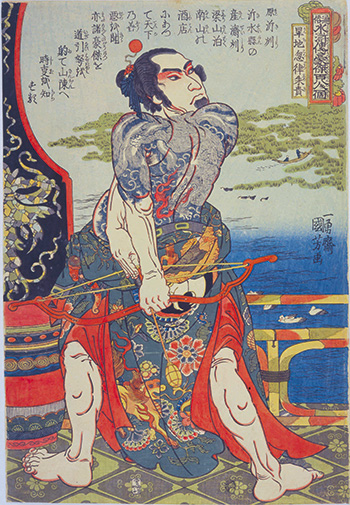 Utagawa Kuniyoshi - Kanchi Kotsuritsu Shuki(Kanchi Kotsuritsu Shuki), Serie: Uno dei 108 eroi del popolare Suikoden(Tsūzoku Suikoden gōketsu hyakuhachinin no hitori) circa 1828-29, silografia policroma(nishikie), 37,7x26,2 cm. Masao Takashima Collection