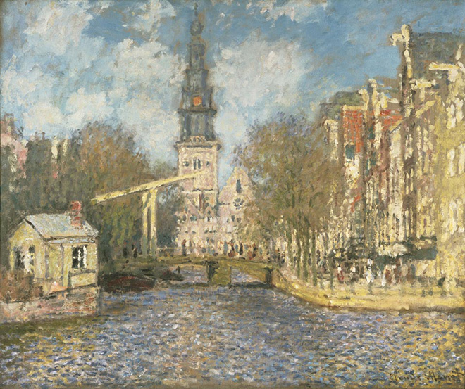 Claude Monet - La Zuiderkerk di Amsterdam: vista sul Groenburgwal, ca. 1874, olio su tela, 54.4 x 65.4 cm. Philadelphia Museum of Art, Acquistato con il W. P. Wilstach Fund, 1921