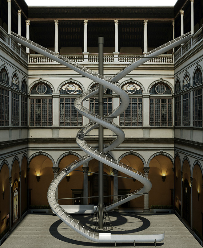 The Florence Experiment Slides, 2018 (Scivoli nel Cortile di Palazzo Strozzi) (Rendering di Michele Giuseppe Onali)