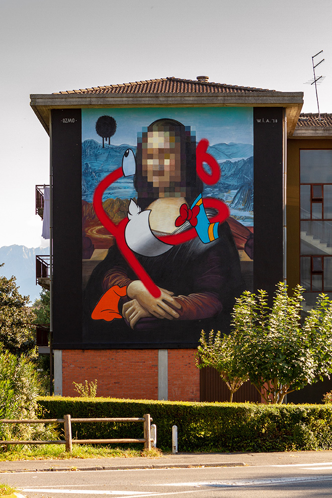 OZMO - Pixelated Mona Lisa with destructurated Donald Duck in Valle Camonica, WALL IN ART 2018, Angone. Photo credit: Davide Bassanesi