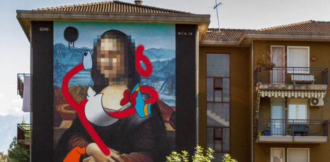 OZMO - Pixelated Mona Lisa with destructurated Donald Duck in Valle Camonica, WALL IN ART 2018, Angone. Photo credit: Davide Bassanesi WALL IN ART 2018 – Borondo, Collettivo FX, Eron e OZMO