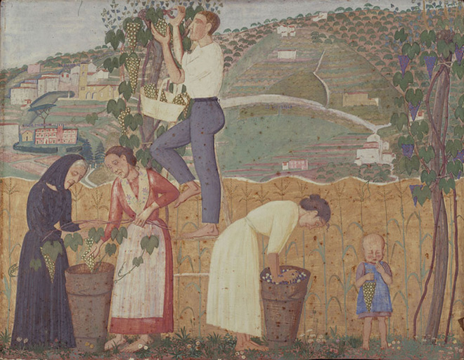 Alberto Magri - La vendemmia, 1912 trittico, tempera su tavola, cm 46x185, collezione privata