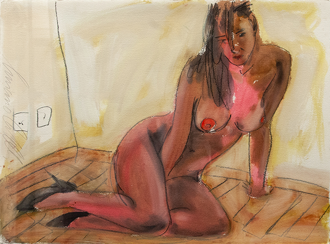Luciano Castelli -  Nudo femminile seduto, 2000 , Gouache, acquerello e cartoncino su carta. 