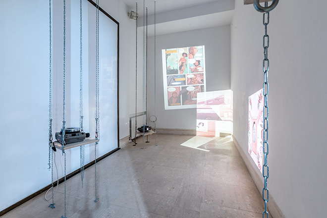 Loretta Fahrenholz - Story in Reverse, (2018) 3-5-part slide installation Exercises in Style, Exhibition view A plus A, Venice, 2019