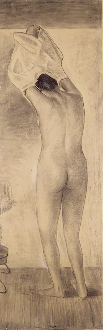 Mario Radice - Nudo di donna, 1933, studio per affresco, carboncino su carta riportato su tela, cm 218,5x69. Pinacoteca Civica di Como