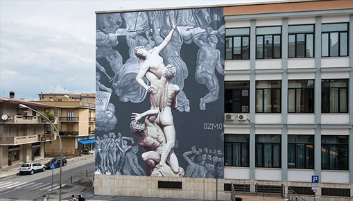 OZMO - Al suono delle trombe. Rieti: murale sul Tribunale OZMO - Al suono delle trombe. Rieti: murale sul Tribunale