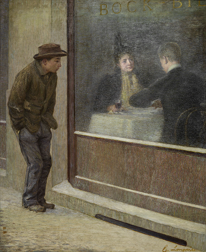 Emilio Longoni - Riflessioni di un affamato, Contrasti sociali, 1894, olio su tela,, 190x155 cm, firmato in basso a destra. Museo del Territorio Biellese, Biella