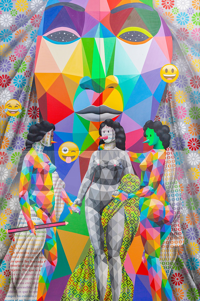 Okuda San Miguel - The Three Prostitutes, 380 x 180 cm., Synthetic enamel on wood, MAGMA gallery, Bologna