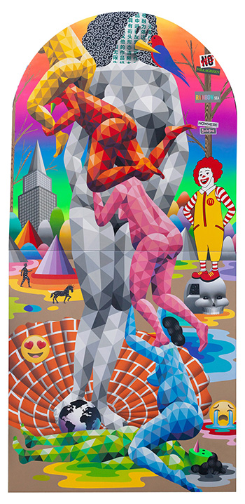 Okuda San Miguel - The birth from the brick shell, 380 x 180 cm., Synthetic enamel on wood, MAGMA gallery, Bologna