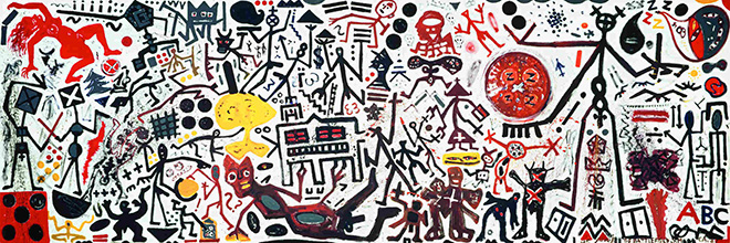 A.R. Penck - The Battlefield (Il campo di battaglia), 1989, acrilico su tela, 340 x 1022 cm. © 2021, ProLitteris, Zurich