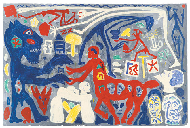 A.R. Penck - Situation ganz ohne Schwarz (Situazione del tutto priva di nero), 2001, acrilico su tela, 200 x 300 cm. Galeria Fernando Santos, Porto (Portugal) © 2021, ProLitteris, Zurich.