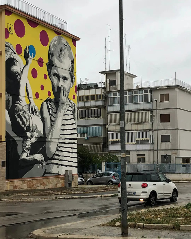 DAVID POMPILI - MATTI, 2021, acrilici e spray su intonaco, 10x14mt, San Paolo, Bari