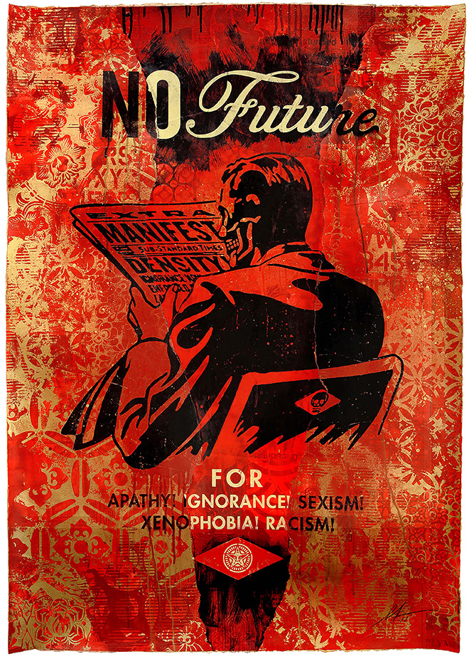 Shepard Fairey - No Future (Red), 2017, Mixed Media (Stencil, Silkscreen and Collage) on Paper, 29 x 42 in. (73,7 x 106,7 cm), credits Wunderkammern, Shepard Fairey