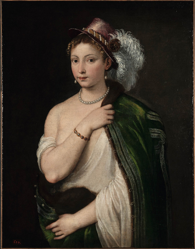 Tiziano - Giovane donna con cappello piumato, 1534-1536 circa Olio su tela, 96x75 cm San Pietroburgo, Museo dell’Hermitage