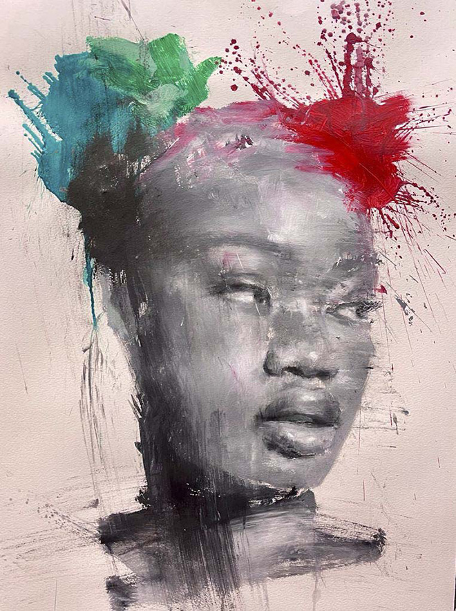 Tricolore 2022 - Luigi Christopher Veggetti Kanku, Giovane ragazza, olio e acrilico su carta, 75x55 cm, 2021