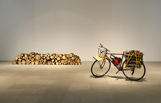 Simon Starling - Carbon (Hiroshima), 2011. Materials: Chainsaw, bicycle, camphor wood, steel, straps. Dimensions: Installed dimensions variable. Courtesy: Collection Johannes and Gaby Senn, St Gallen. Photo: Simon Starling.