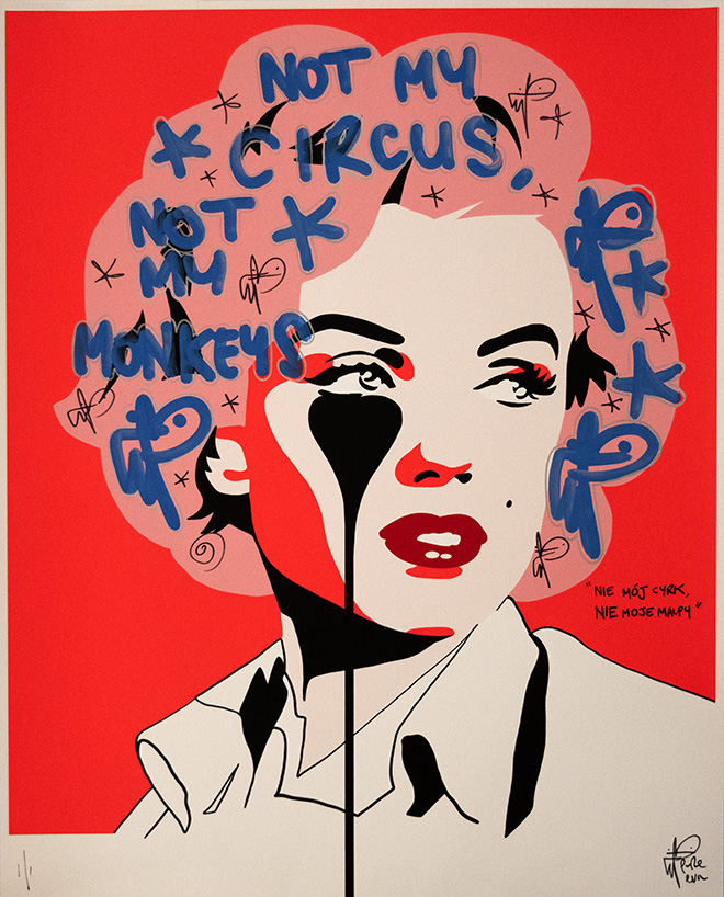Pure Evil, Arthur’s Miller Nightmare - Not my circus, not my monkeys (2022), 3 colour screenprint handfinished with Krink ink on 330gsm Fedrigoni paper, edition of 1, signed and numbered, 70 x 85 cm, credits Elena Domenichini