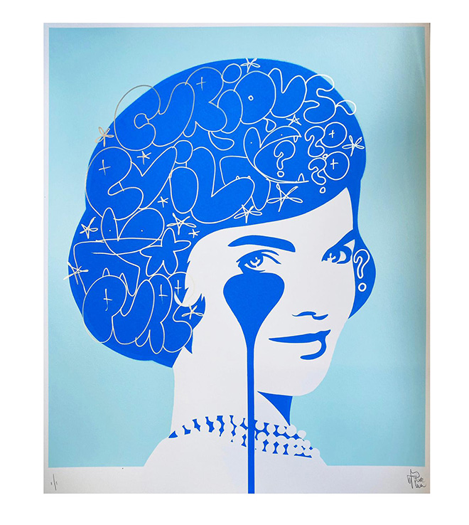 Pure Evil - Smiling Jackie, Curious about 0_0, Handfinished 2 colour screenprint on 330gsm Fedrigoni paper_70 x 85 cm_London, 28.06.22 13.00, Copyright under Pure Evil Gallery