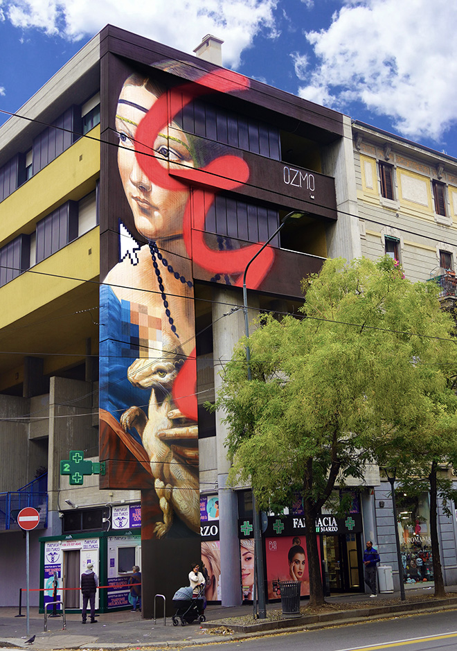 OZMO - A famous Milanese Renaissance Girl, with red brushstroke, pixels and a pointer, Milano. photo courtesy: Ozmo