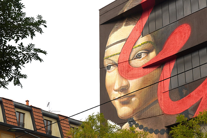OZMO - A famous Milanese Renaissance Girl, with red brushstroke, pixels and a pointer, Milano. photo courtesy: Ozmo