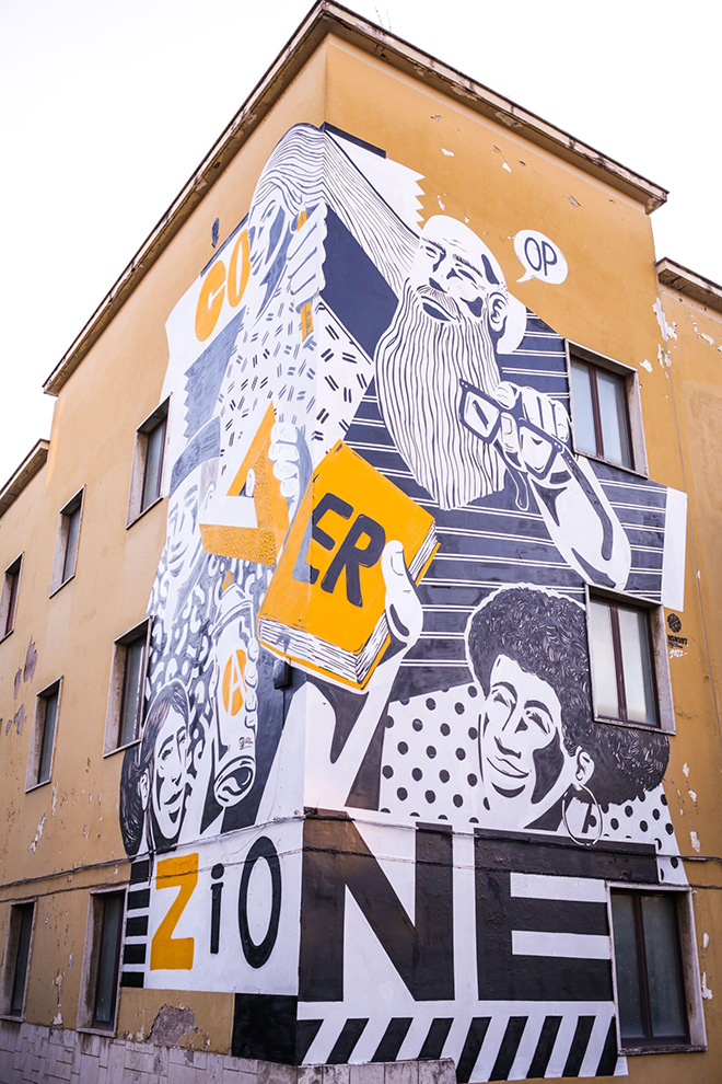 NSN997 - Cooperazione, murale a Roma per Street Art For Rights. Goal 17, Partnership per gli obiettivi. Scuola Media Volterra, Roma, via Vito Volterra 190. Photo credit: ©Elenoire
