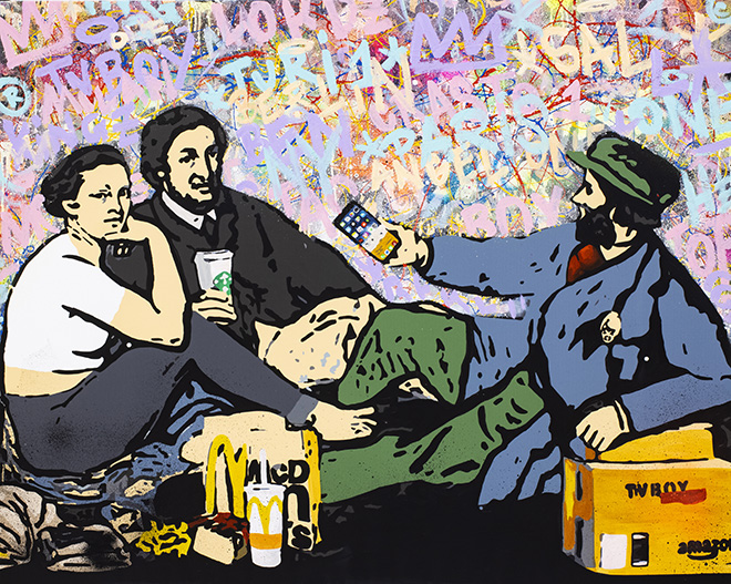 TVBOY - Dejeuner sur l'asphalte, graffiti tags, mixed media on canvas, 150x120