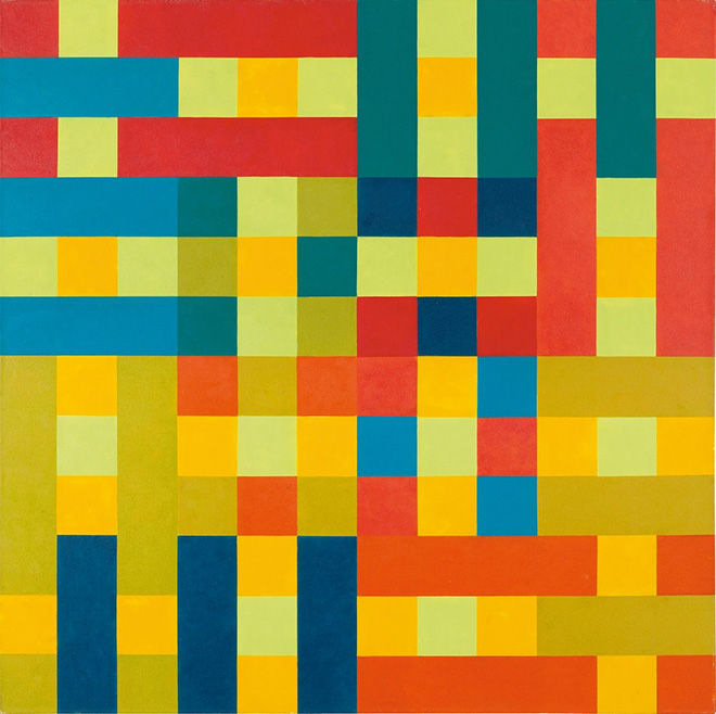 Hedi Mertens - Unità quadrilatere uguali si incontrano in un quadrato centrale, 1969. Olio su tela Collezione privata